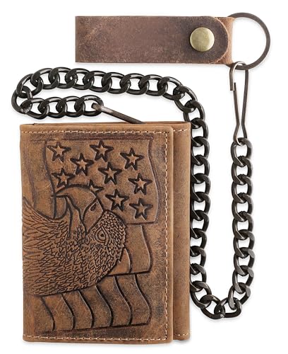 Image of F&L CLASSIC RFID Blocking Men's Tri-fold Vintage Biker Cowhide Leather Steel Chain Wallet,Snap closure, brown,eagle flag,315-101