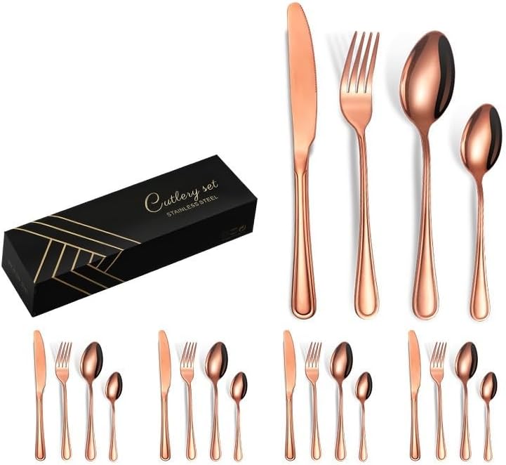 Silverware Flatware Set, 16/20/24 Pieces Stainless Steel Cutlery Set, Knife, Fork, Spoon, Steak Knife And Fork Set, Gift Box (Color : Rose gold, Size : 20Pcs)