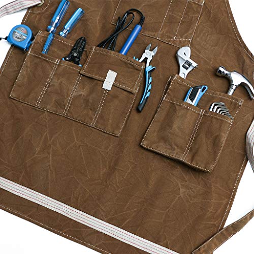 Jeanerlor Washed Shop Apron 12oz Water-Resistant Work Aprons for Men Heavy Duty Waxed Canvas Tool Apron with Pockets Thick shoulder pad, Cross-Back Straps Adjustable L to XXXL (Coffee)