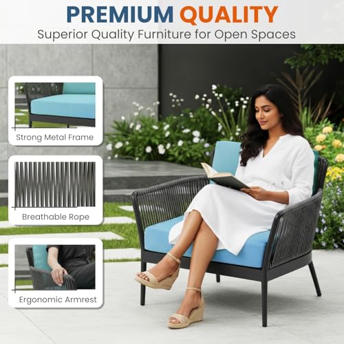 Image of DEVOKO Outdoor Living with Our 3 Piece Patio Set, Grey Rope Bistro Furniture with Sky Blue Cushions, Ideal for Balcony, Backyard Or Porch Provides Durability & Style