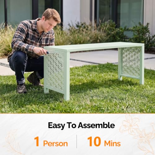 Image of VINGLI 40in Outdoor Metal Bench, All-Weathe Backless Patio Bench with Slatted Seat&Floral Side Panels, Rust-Resistant Garden Bench, Weatherproof Outdoor Seating for Porch Entryway Backyard (Green)