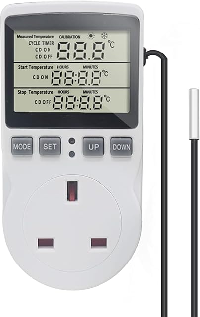 KETOTEK KT3100 Digital Thermostat Temperature Controller Socket Outlet 230V 16A Timer Switch Plug with 1.7m Sensor Heating Refrigerator Thermostat Regulator for Greenhouse Reptile Terrarium Home