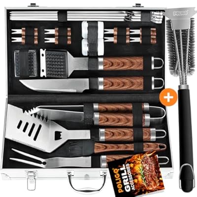 POLIGO Safe Wire Grill Brush and Scraper for All Barbecue Grill Bundle with 22PCS BBQ Grill Accessories in Aluminum Case - Stainless Steel Grill Utensils Set Ideal Christmas BBQ Gifts for Dad Men