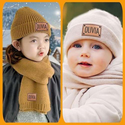 Custom Toddlers Winter Hat Scarf Gloves Set 3 Pcs for Girls Boys, Personalized Leather Patch Baby Beanie Hat2