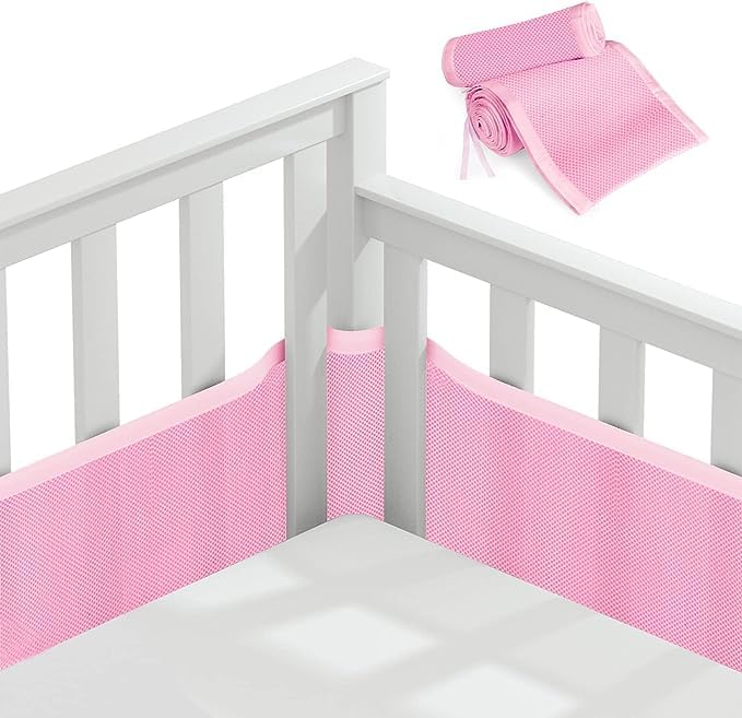 JOEBO Baby Mesh Cot Bed Bumper,Adjustable Anti-Bumper for Bedroom Baby Boys Girls Nursery Breathable Crib Bed Liner Bumper Set (Pink)