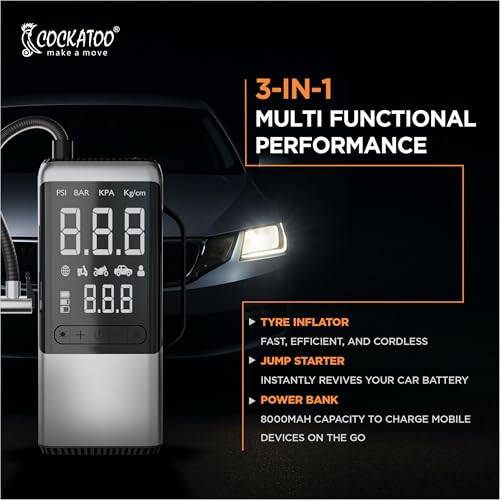 Image of Cockatoo ATJ-9366 Tyre inflator 4-in-1 Portable Jump Starter with Air Compressor, 8000mAh Battery, 1000A Peak Current, 150PSI Inflation Pressure, USB Power Bank, LED Light, EVA Carry Bag
