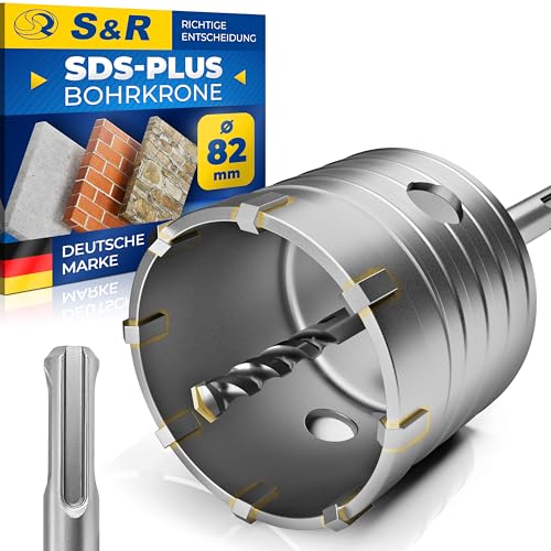 S&R Hohl-Bohrkrone Set Ø 82mm mit SDS plus Adapter 110mm und Zentrierbohrer 8x110mm. Hammerschlagfest Dosenbohrer Lochsäge Steckdosenbohrer für Bohrhämmer