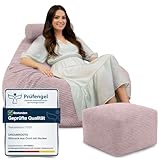 DreamRoots Sitzsack Erwachsene Cord oder Kinder - Bean Bag Sofa - Sitzsack Cord mit Hocker und Bezug - Sitzsäcke mit Füllung 90x90x100 cm Silver Pink