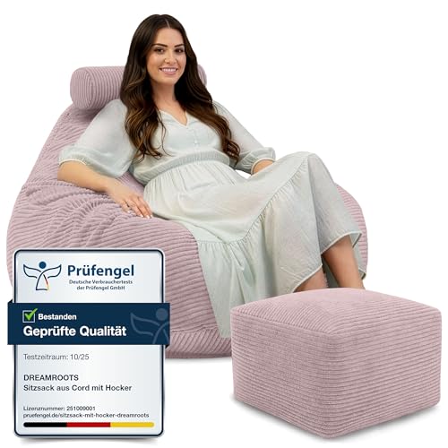 DreamRoots Sitzsack Erwachsene Cord oder Kinder - Bean Bag Sofa - Sitzsack Cord mit Hocker und Bezug...