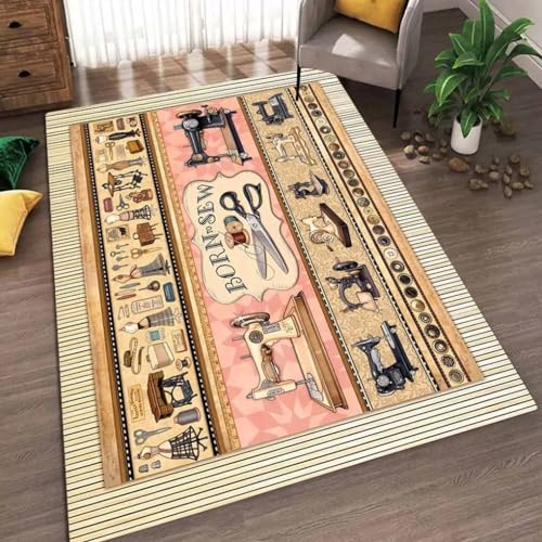 Tapete multicolor area rug con diseño máquina de coser 6'x9'