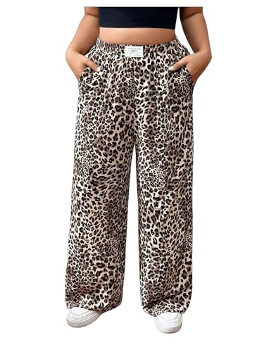 MakeMeChic Women's Plus Size Pants Leopard Print Slant Pocket Elastic Waist Straight Leg Trousers