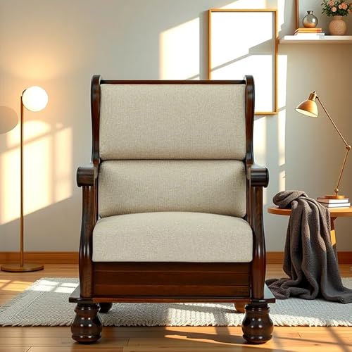 Image of Royaloak Melaka Wooden Single Seater Sofa with Beige Colour Cushion | Solid Wood | Fabric Cushion Cover | Moulded Foam Cushions | Curved Arm Design | Durable & Long Lasting | Malaysian Collection