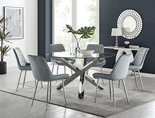 Furniturebox UK Vogue Round Chrome and Glass Dining Table with Silver Squared Starburst Legs and 6 Pesaro Grey Velvet Dining Chairs with Silver Legs - Contemporary Elegant Dining Furniture