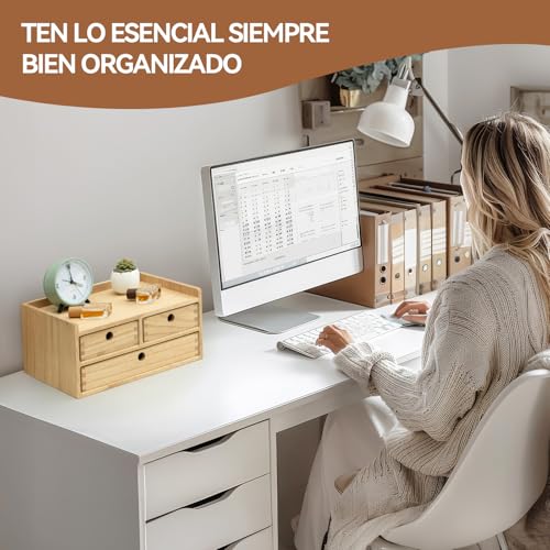 KIRIGEN Caja de Almacenaje de Madera Maciza Bandeja Plana, Organizador de Escritorio, Gran Capacidad, Organizador de Oficina de Madera color natural - imagen 7