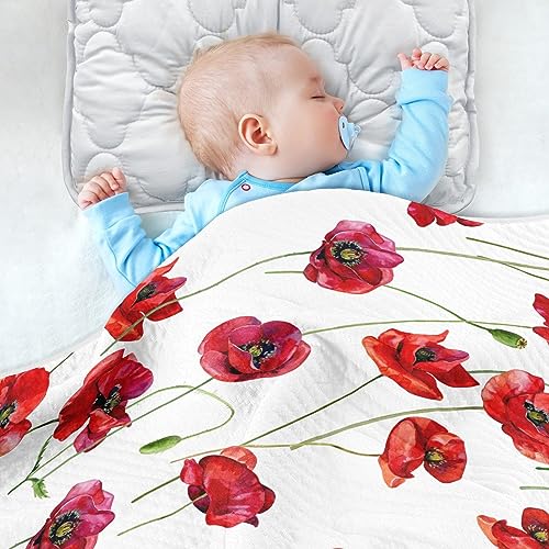 Image of Swaddle Blanket for Red Poppy Flowers Baby Receiving Blanket Muslin Baby Swaddles Soft Cotton Breathable Nursery Blankets for Unisex Boys and Girls 30x40 Inch