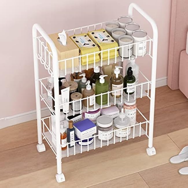 Kitchen Organizer 3-Tier Metal Rolling Cart On Wheels with Baskets, Lockable Utility Trolley with Handles for Kitchen Bathroom, Storage with Removable Shelves-B4dRsypd