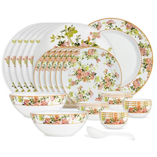 Image of Larah by Borosil 29pc Opalware Amora Dinner Set for Family of 6 | Microwave & Dishwasher Safe Crockery Set for Dining & Gifting | Plates & Bowls