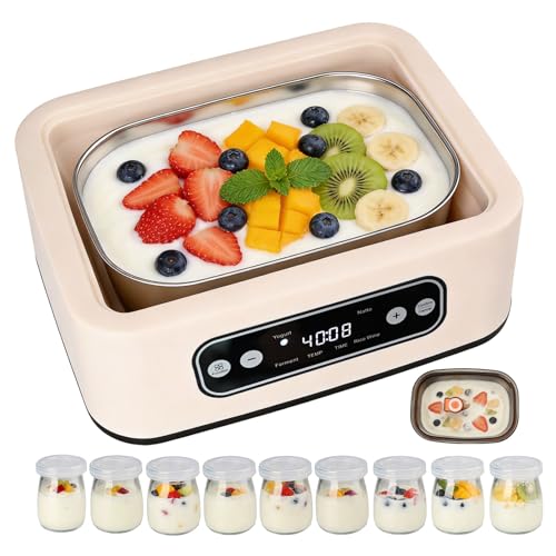 Yogurt Maker with, Real-Time Countdown, Temp & Timer Control (1-99h),Temp Control 21°C-48°C, 1.6L Stainless Steel Inner Pot + 9 Dishwasher-Safe Jars – Effortless Homemade Greek & Probiotic Yogurt