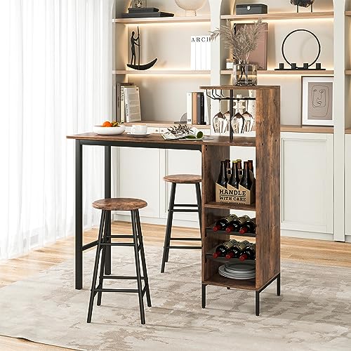 COSTWAY Bartisch mit Barhocker Set, 2 Personen Bartisch Set mit Halterungen für Weingläser und Flaschen, Küchentheke für Wohnzimmer, Esszimmer und Küche (Kaffee)