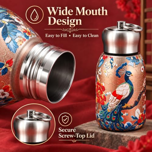 Image of Small Water Bottle 300ml, Mini Stainless Steel Drinking Bottle with Leak-Resistant Lid and Keyring, Compact Reusable Bottle for Office, School, College, Travel, Gold Peacock