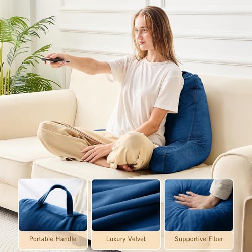 Image of Sasttie Reading Pillow, Velvet Back Pillow for Bed Sitting Up, Adult Back-Rest Support Cushion with Arms for Sit Up on Couch, Sofa, and Floor, Dorm Essentials, Reading Accessories, Navy