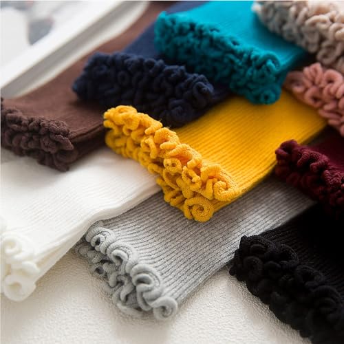 Image of Womens Ruffle Socks Fashion Breathable Solid Color Turn-Cuff Cute Girls Ankle Socks 3 Pairs