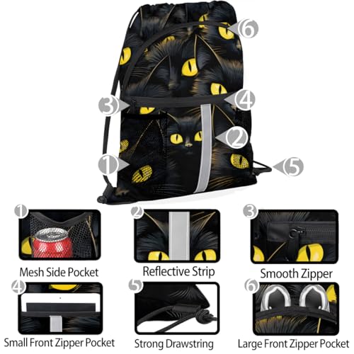 Black Cat Drawstring Backpack Waterproof String Bag Sackpack Boho Modern Cinch Sack for Traveling Gym Sports with Mesh Pockets4
