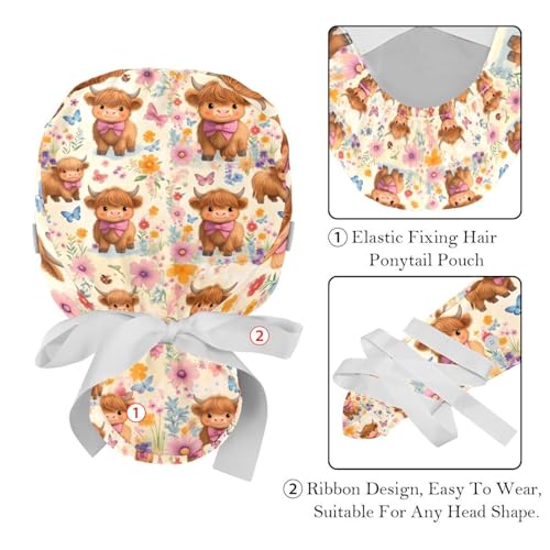 Image of 2 PCS Bouffant Cap with Button Ponytail Pouch Working Cap Sweatband Adjustable Surgical Cap Black and White Cow