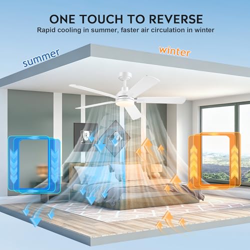 Image of JSAITEE 52 Inch Smart Ceiling Fan with Lights, Remote & App Control, DC Reversible Motor, 6 Speeds Quiet 35dB, 3CCT Dimmable LED, Low Profile Modern Ceiling Fans for Bedroom Living Room, White