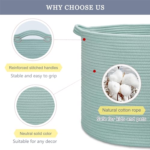 Image of Large Cotton Rope Blanket Basket, 87L Laundry Hamper, Light Green