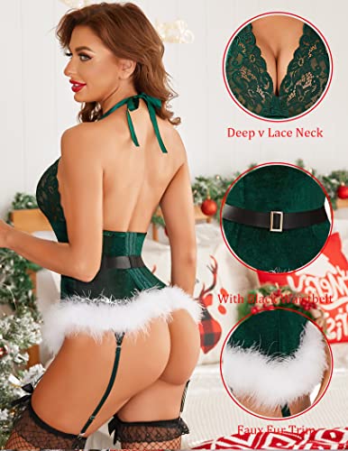 Avidlove Plus Size Lingerie Women Sexy Chemise Lace Bustier Set Teddy Bodysuit with Garters(no Stockings) (Green, XXL)