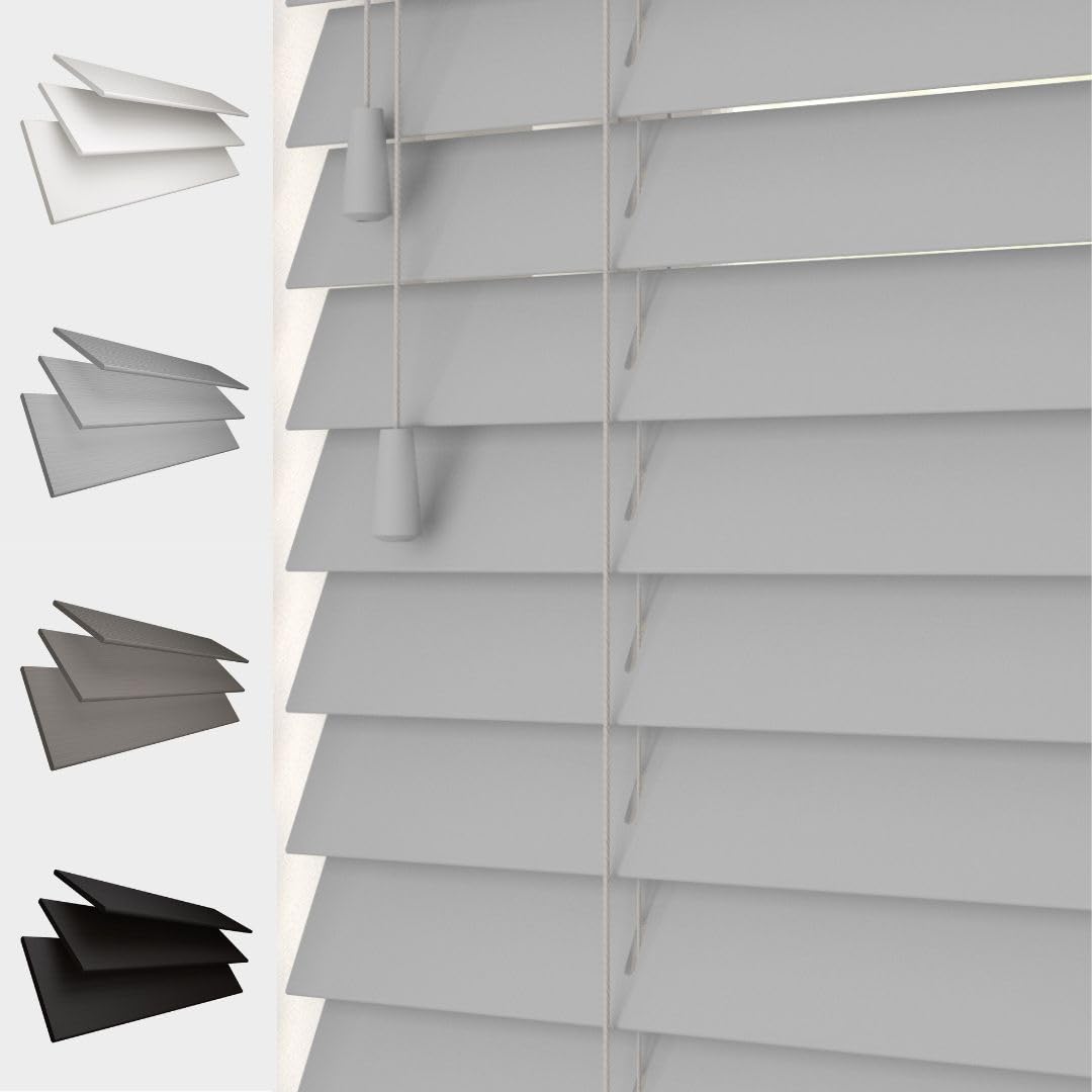 Light Grey Faux Wood Venetian Blind 50Mm Slats Wood Grain Pattern Strings 135Cm Width X 120Cm Length