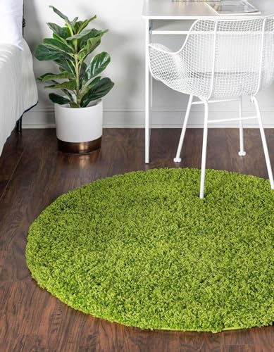 Image of Solid Fluffy Rugs and Carpet for Hall and Drawing Room 5x5 Round Green Color
