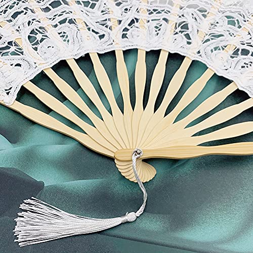Propupy Folding Hand Fan Womens Lace Fan Elegant Cotton Fan Handmade Vintage Retro Fan With Bamboo Staves And Silk Tassels For Wedding Bridal Shower Dancing Party (White) #TOP4