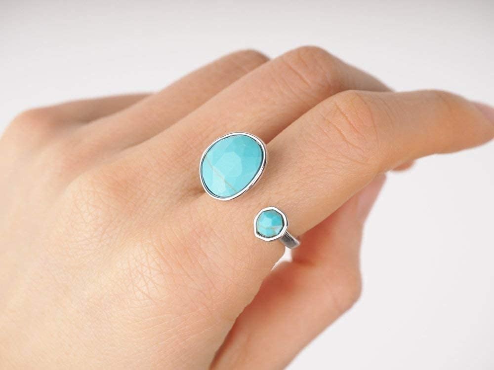Bold Silver-Plated Statement Ring with Eye-Catching Simulated Blue Turquoise - Hypoallergenic & Lightweight, Exuding Boho Elegance - Simple Minimalist Jewelry - Image 3