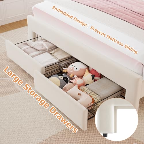 Full Upholstered LED Bed Frame with 2 Storage Drawers and Adjustable Chic Double Wavy Headboard, Velvet Princess Platform Bed with Charing Station, Solid Wood Slats Support,No Box Spring Needed,Beige