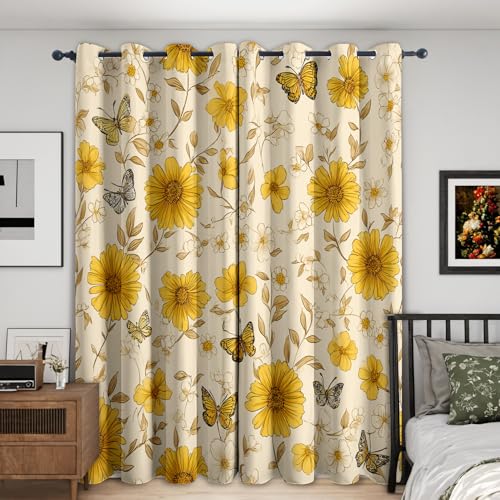 Yellow Butterfly Floral Curtains for Bedroom 46x72, Botanical Flower Curtains Blackout Living...
