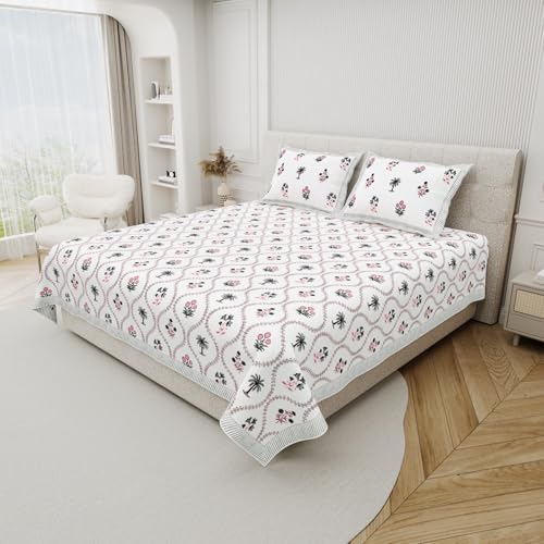 Image of DE CAMA Since 1997 | 100% Cotton 300 TC Premium King Size Bedsheet for Double Bed (90 x 108 Inch) with 2 Pillow Covers Set (17 x 27 Inch) Designer Printed Bedsheet Set - Blossom, White