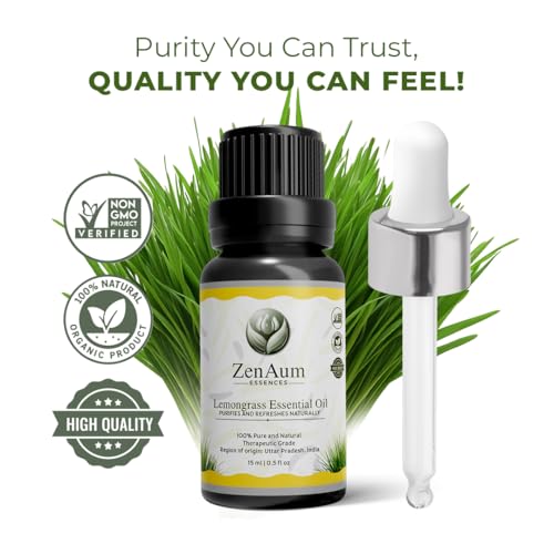 Image of ZenAum Essences 100% Pure Lemongrass Essential Oil | Refreshing & Uplifting | Anti-Fungal, Stress Relief & Muscle Relaxation | Diffuser & Massage Use| GMP, IFRA, ISO Certified- 15ml - Pack of 2