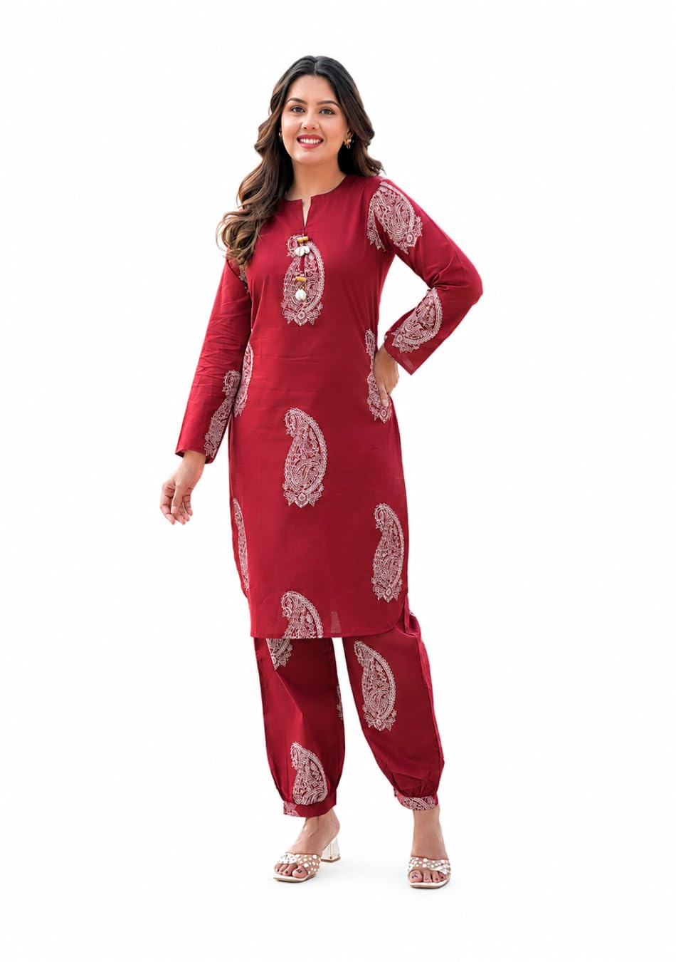 Maroon Paisley Print Cotton Co-Ord Set for Women – Pure Cotton Fabric, V-Neck, Full Sleeves, Straight Fit Top & Pants Set, Festive & Casual Wear-image-40