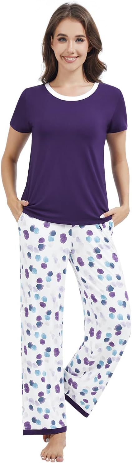 WiWi Womens Short Sleeve Pajama Sets Viscose from Bamboo Sleepwear Ladies Soft Loungewear Set Pjs with Pockets S-XXL