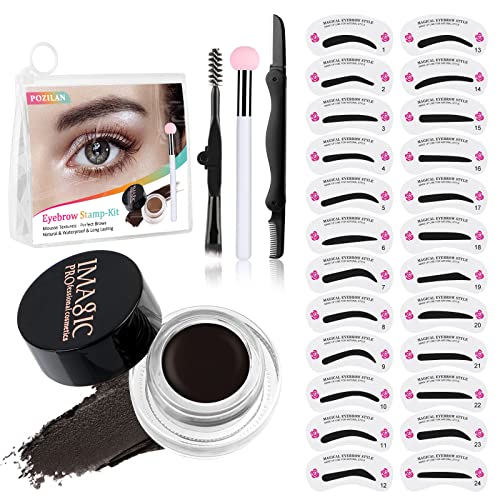 Eyebrow Stamp Stencil Kit for Beginner - Eye Brow Stamping Kit, 24 Shaping Eyebrow Stencils and Stamp Kit, Waterproof Ebony Brow Pomade Eyebrow Makeup Kit for Girls, Teens