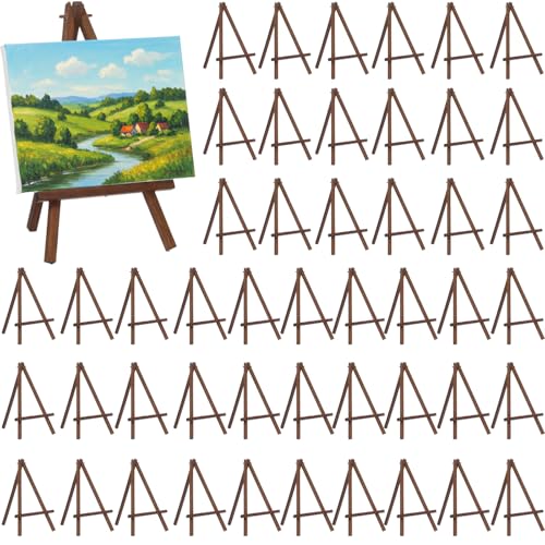 JOVITEC 48 Pcs 12 Inch Mini Wood Easel Stand Tabletop Bulk for Painting Canvas Display Easel Set Triangle Card Stand for Wedding Adults Portable Photo Picture Holder (Brown Color)