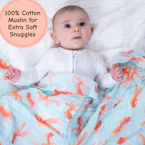 Image of LollyBanks Baby Swaddle Blanket for Boys and Girls, 100% Cotton Muslin Blankets, Soft and Lightweight 47 x 47 Inches Swaddles for Newborns, Gentle Baby Blankets, Infant Essentials (Goldfish Print)