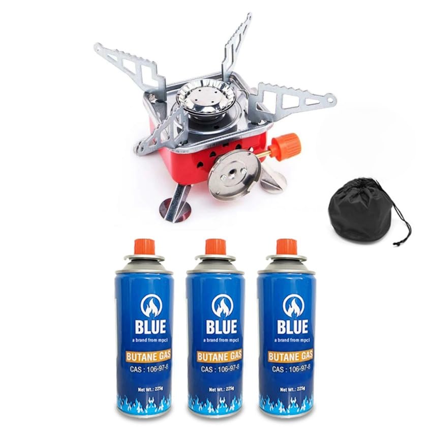 Image of camping stove with cylinder | camping gas stove | Camping Stove - 2800W Ultra-Light Picnic Cooking Gas Burner, Folding Emergency Stainless Steel (Stove+ 3 Butane)
