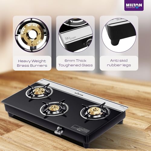 Image of Milton Manual Ignition 3 Burners Gas Stove | 6mm Toughened Glass Top | ISI Certified | | 360 Sabaf Valve | Modern Premium Design | 1 Year Manufacturer's Warranty -Black