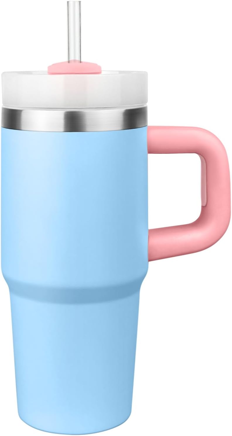 14 oz Tumbler with Handle and Straw, Small 14oz Coffee Cup with Lid and Straw Stainless Steel Tumblers, Outdoor Sports Travel School Gift cup(BluePink) - Image 2