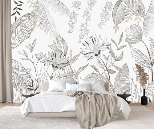 PYFFYP- Grey and White Tropical Leaf Wallpaper murals for Living Room?Not Peel and Stick?