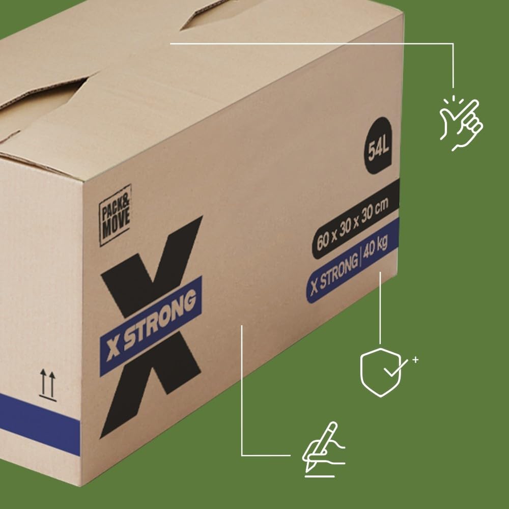 Pack and Move - Zestaw 20 kartonów do przeprowadzki X Strong - 60 x 30 x 30 cm - Obciążenie 40 kg - Ekstremalna wytrzymałość - Duża pojemność