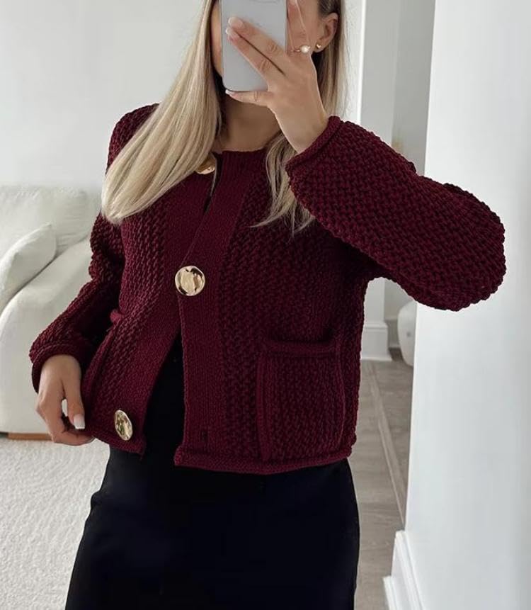 Women Casual Gold Button Down Cardigan Chunky Knit Long Sleeves Crew Neck Knitted Sweater with Pocket4